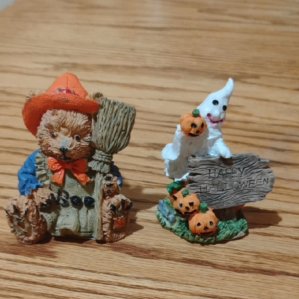 Vintage 1997 Resin Halloween Bear and Ghost Figurine Set